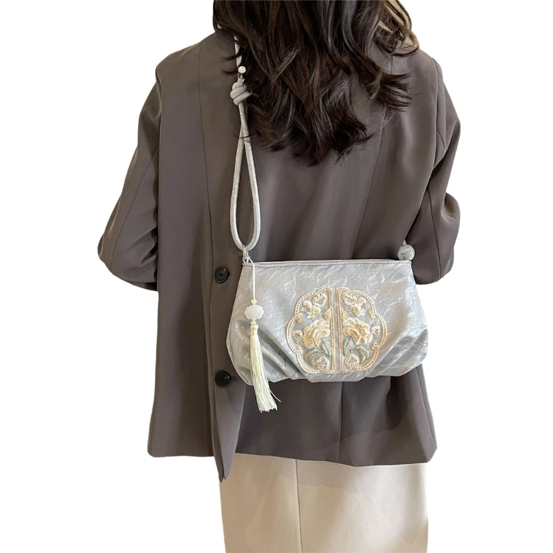 Women PU Leather Bag Embroidery Shoulder Bag Chinese Crossbody Bag Fashion Cloud Bag for Daily