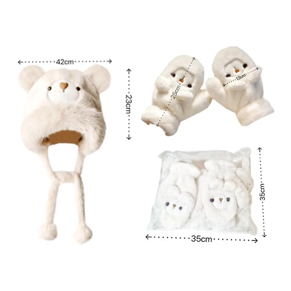 Plush Cute Bear Hat Women's Winter Gloves Fleece-lined Thick Windproof Cold-Proof Warm Beanie Hat Earmuff Headgear Cap Sets