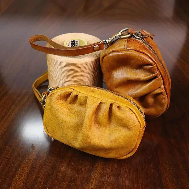 

Vintage plant-tanned leather hand rubbed color women's coin purse Fashion pleated clutch bag multifunctional wallet man