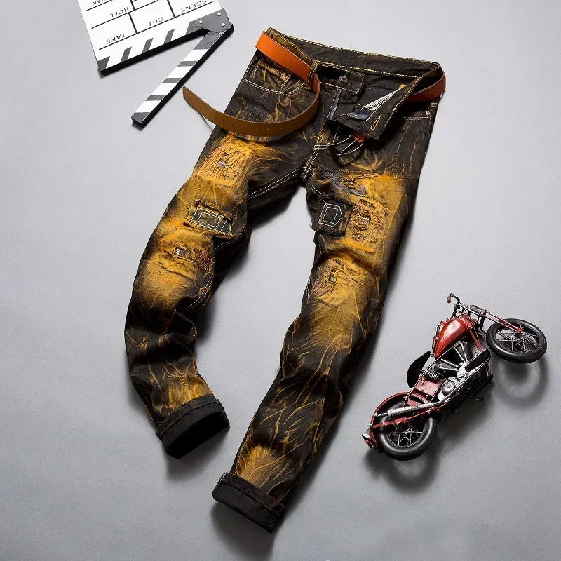 Men's Trousers Men's Patchwork Ripped Jeans (no Belt) Personalized Fashion Vintage Denim Pants High Street Hip Hop High Quality Male Trousers