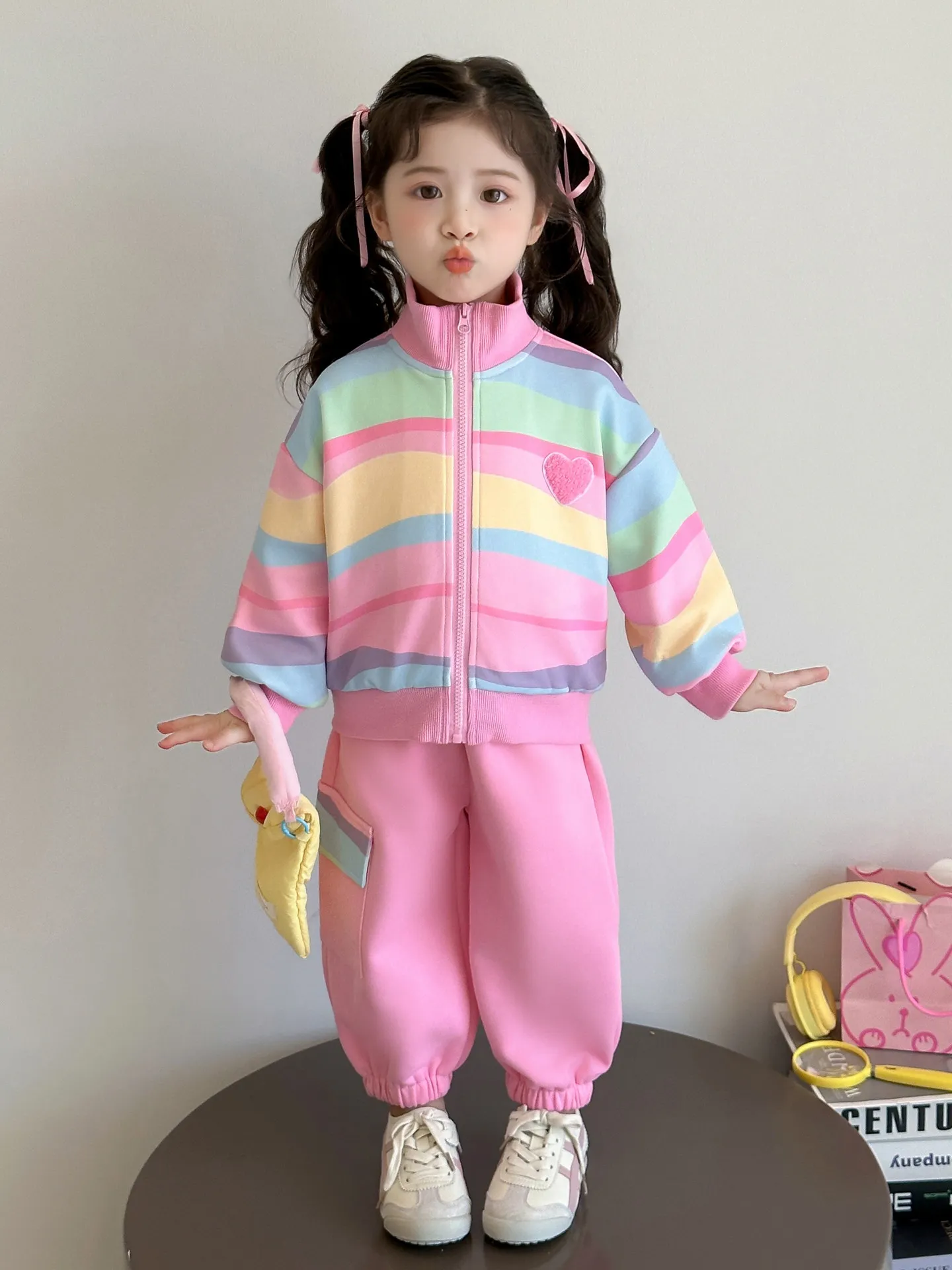여아 봄 가을 스포츠 세트 컬러 스트라이프 긴팔 러브 가디건 스트레이트 팬츠 패션 귀여운 아동 투피스 세트