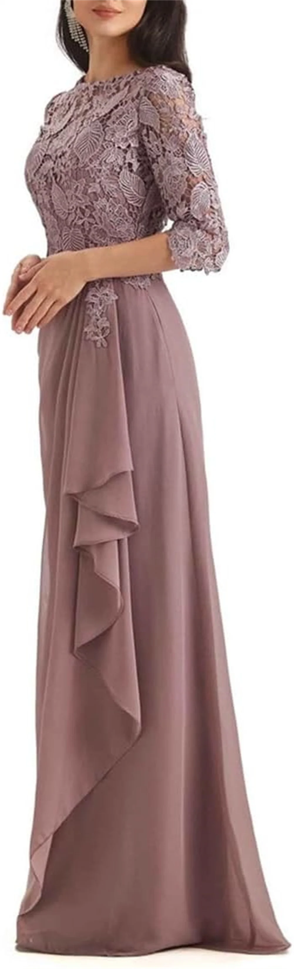 Women's Mother of the Bride Dress for Wedding Lace Leaf Appliques 3/4 Sleeves Ruched Chiffon Party Prom Evening Gowns