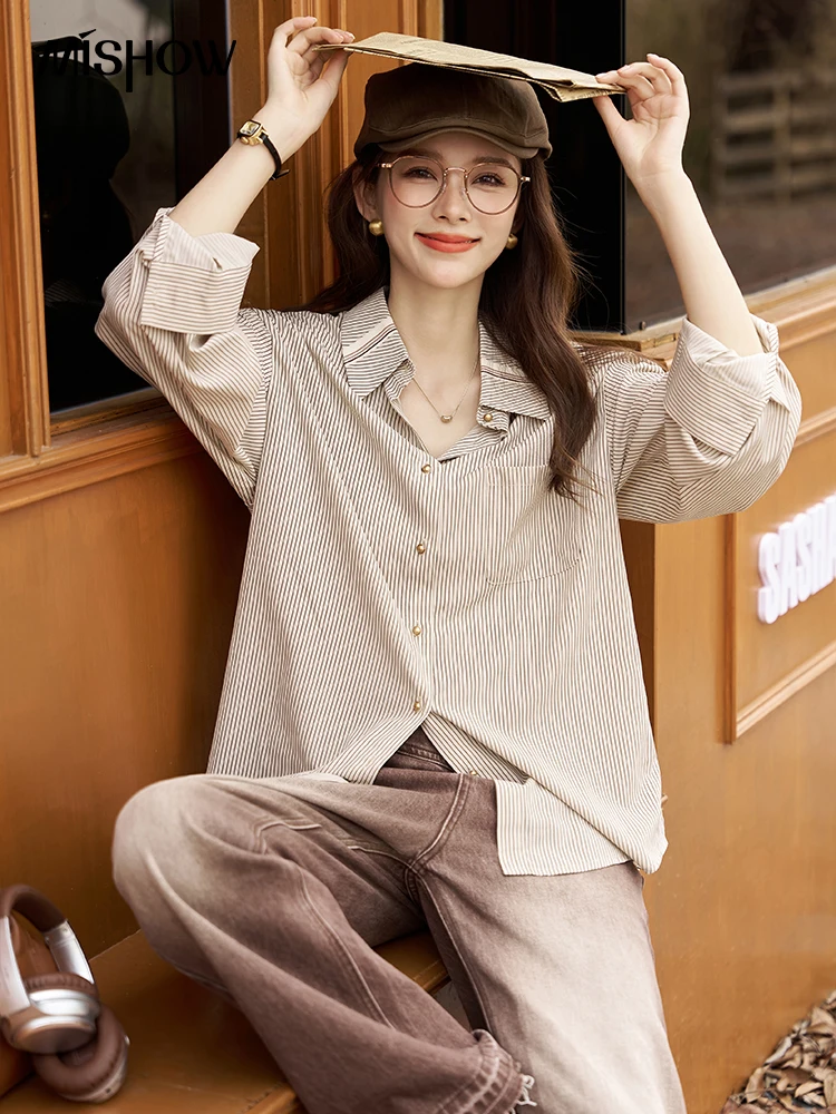 MISHOW French Retro Striped Shirt for Women 2023 Autumn Long Sleeved Pocket Metal Buttons Single Breasted Casual Tops MXC43C0084 summer chinese style buckle cheongsam lyocell retro shirts puff sleeve slanted lapel light blouses pearl buttons placket tops