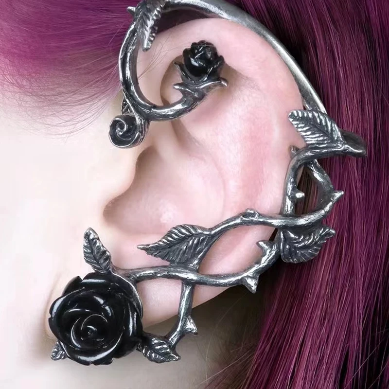 Punk Rose Flower Elf Ear Cuffs Earring Jewelry Silver Color