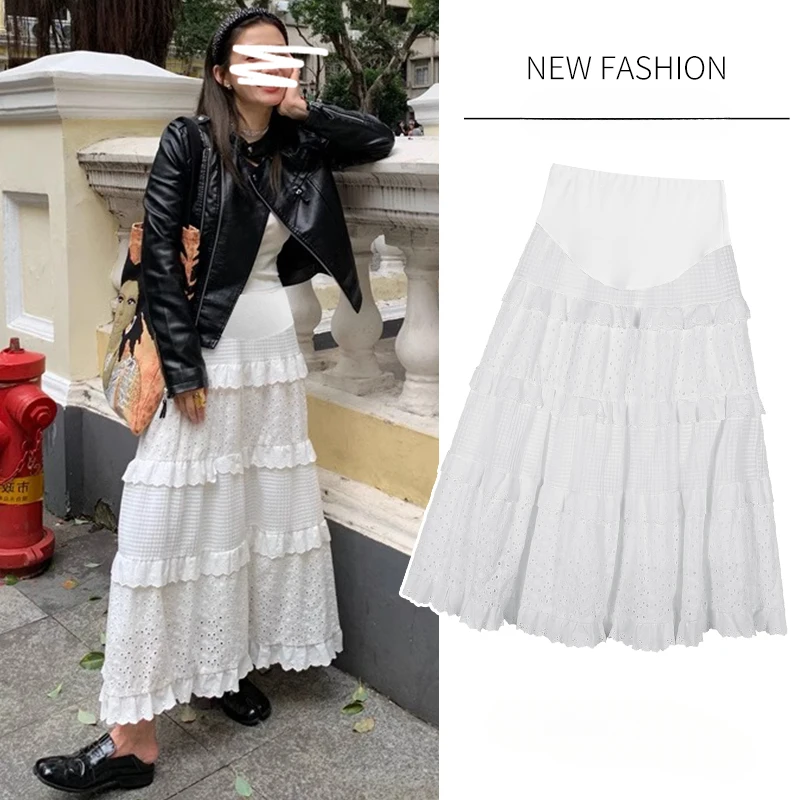 Autumn Maternity Sweet Cake Skirts Fashion Ruffles Patchwork Embroidery Pregnant Woman Cake Skirt Long Pregnancy Party Clothes