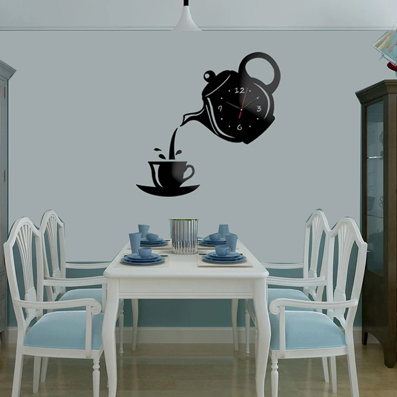 3D DIY Teapot Shape Wall Clock Acrylic Mirror Clock Modern Kitchen Home Decor Wall Sticker Hollow Digital Watch