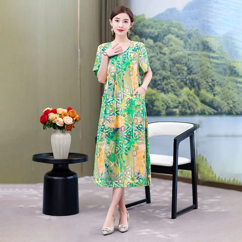 

Women 2024 Summer New Middle-aged Long Dress Female Short Sleeve Pockets Dresses Ladies O-neck Print A-line Vestidos N187