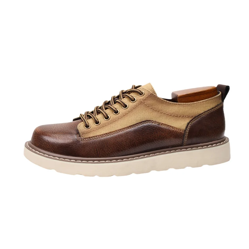 New Men Cow Leather With Canvas Casual Platform Shoes Lace Up Retro Outdoor Men Comfortable Autumn Footwear