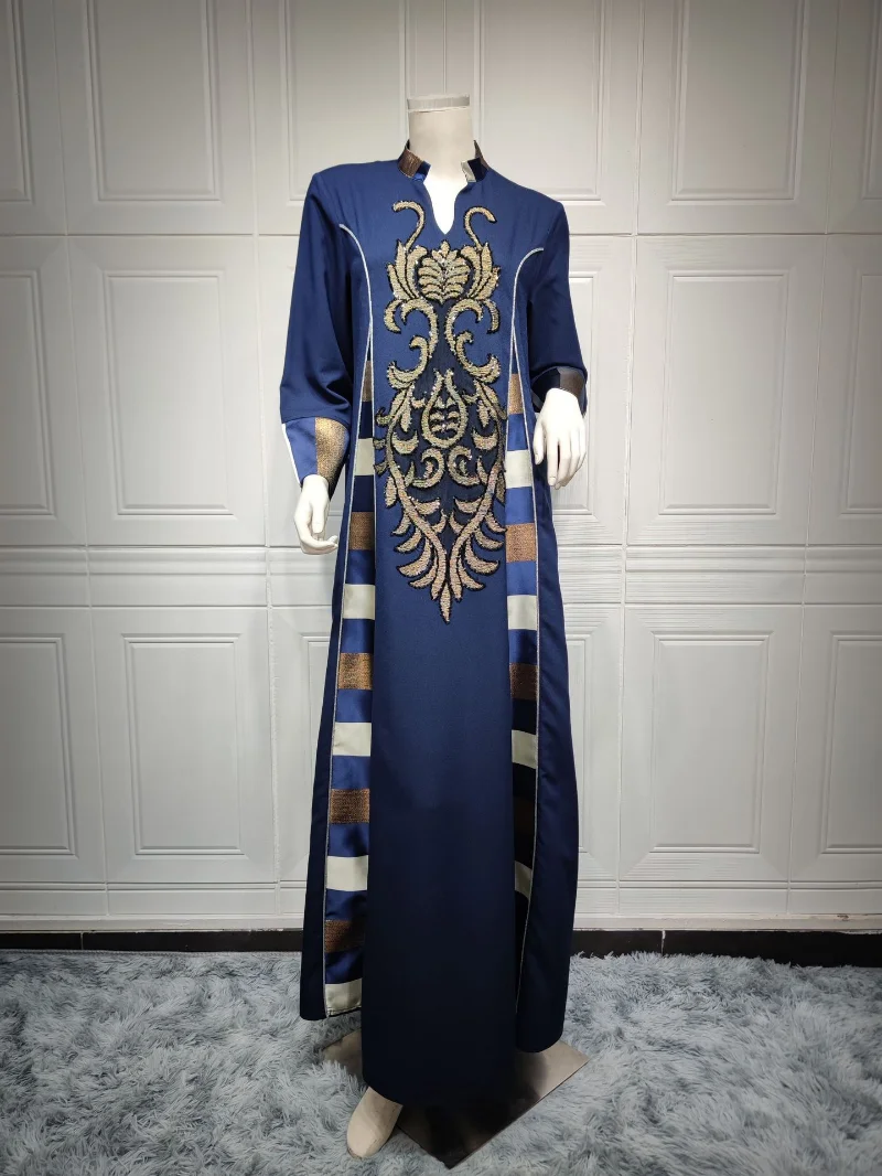 Islam Abaya Dress for Women, Beaded Embroidery Robe, Musulmane, Spliced Stripe Women's Dress for Middle East Arabia