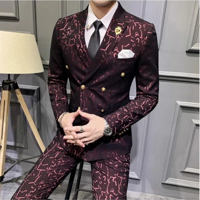 

Luxury Korean Style Jacquard Bright Surface Wedding Groom Suit Men's New Style Dance Party Three-piece Dress Set Plus Size M-7XL