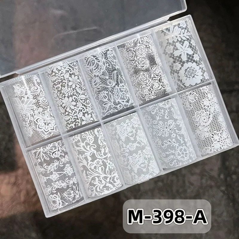 10롤 100CM 혼합 블랙 화이트 레이저 네일 전사지 스티커 세트 섹시 레이스 꽃무늬 네일 스티커 매니큐어 장