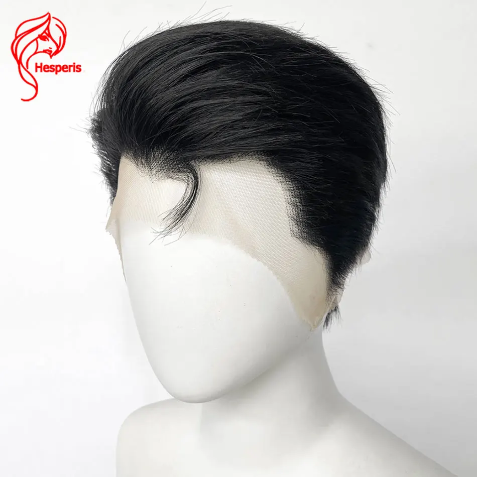 Hesperis Men's Human Hair Pixie Bob Cut Wigs Brazilian Full Lace Natural Color Male Wigs Free Part Glueless For Women