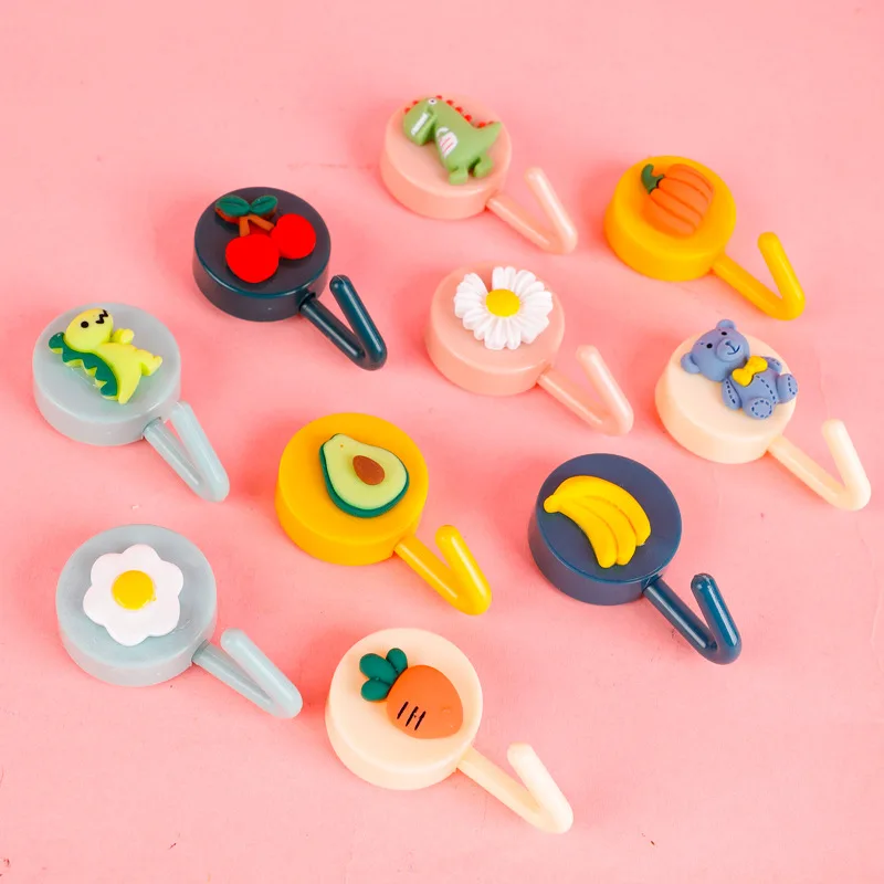 

1PC Cute fruit animal Cartoon Hook Multi-Function Punch-free Hook Wall Storage Adhesive Key Bag Hanger Bathroom Kitchen Gadgets