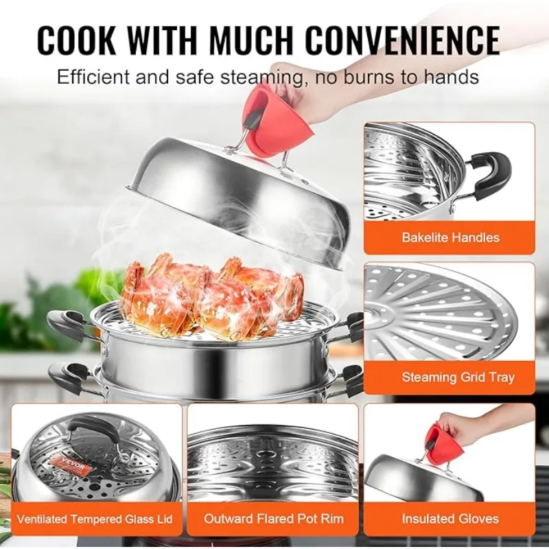 3 Tier Steamer Pot with 8.5QT Stock Pot,Vegetable Steamer & 2 Steaming Tray,Food-Grade 304 Stainless Steel Food Cookware