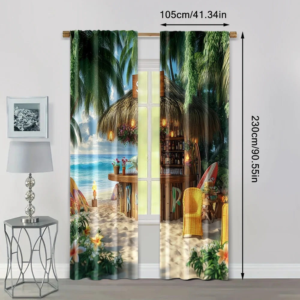 2pc,  Window Drapes Flower Beach Cottage Landscape Map Blackout  Polyester Birthday Party Applies to Seasonal Decorations 4