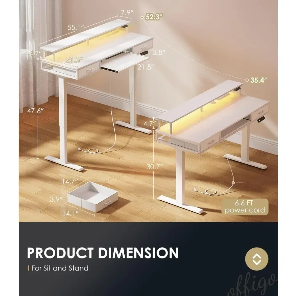 height-adjustable 55" electric desk with storage drawers, keyboard tray, power outlets, and led lighting for sit-stand workstati