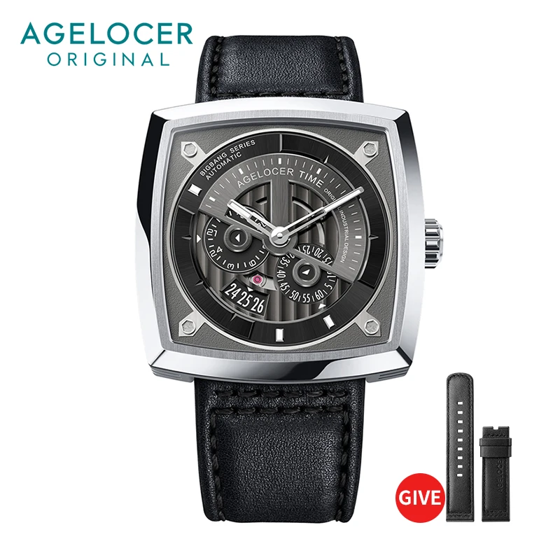 AGELOCER Men's Top Brand Square Automatic Mechanical Stainless Steel Black Punk Luminous Analog Fashion Luxury Watch