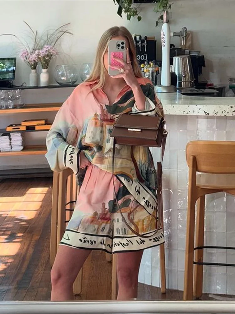 Fashion Printed 2 Piece Set Loose Lapel Button Long Sleeved Shirt Elastic Waist Shorts Suit 2025 Summer Autumn Beach Lady Set 6