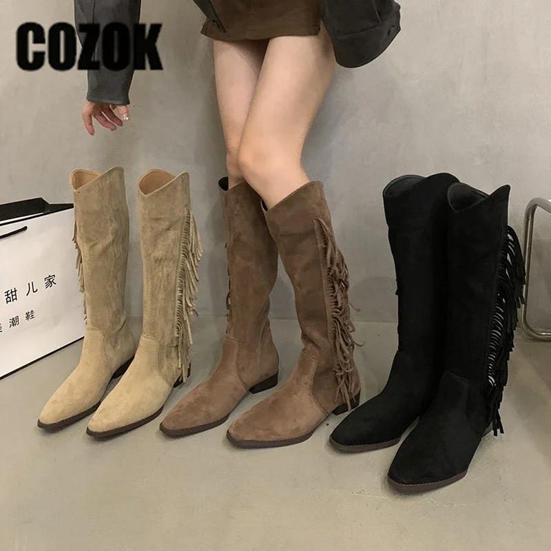

Women Thigh High Boots Tassel Western Cowgirl Knight Knee High Boots Pointed Toe Non-slip Flock Fashion Low Heels Ladies Shoes