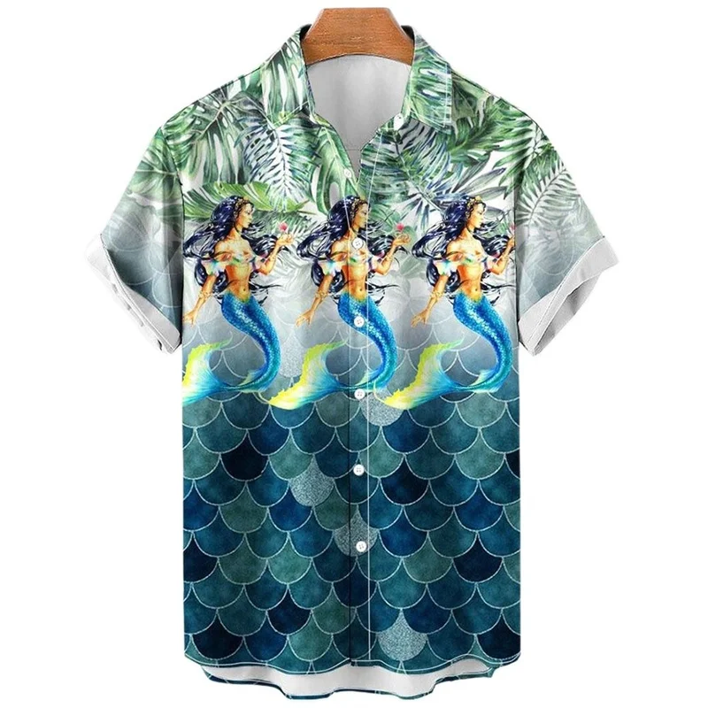 

Mermaid Fish Graphic Shirts for Men Clothing 3D Printed Hawaiian Beach Shirts Short Sleeve y2k Tops Vintage Clothes Lapel Blouse