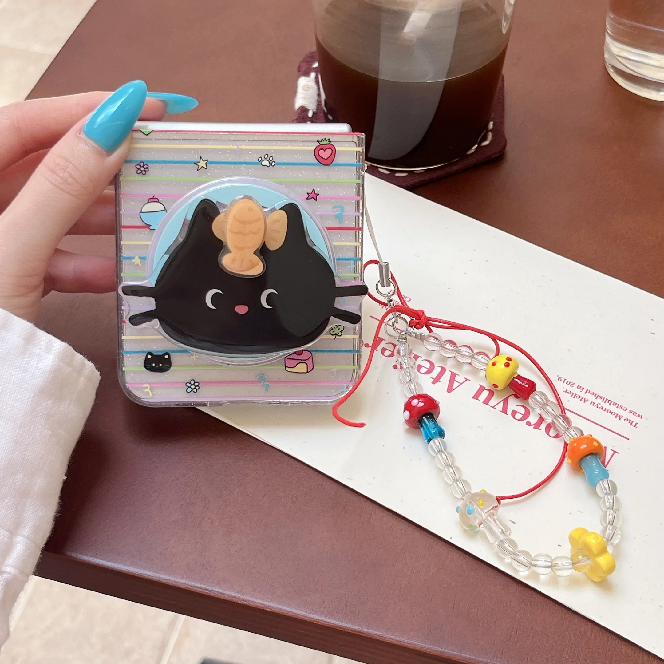 Enhanced Product Title:   
Taiyaki Black Cat Magnetic Stand Holder Case Cover with Bracelet Chain