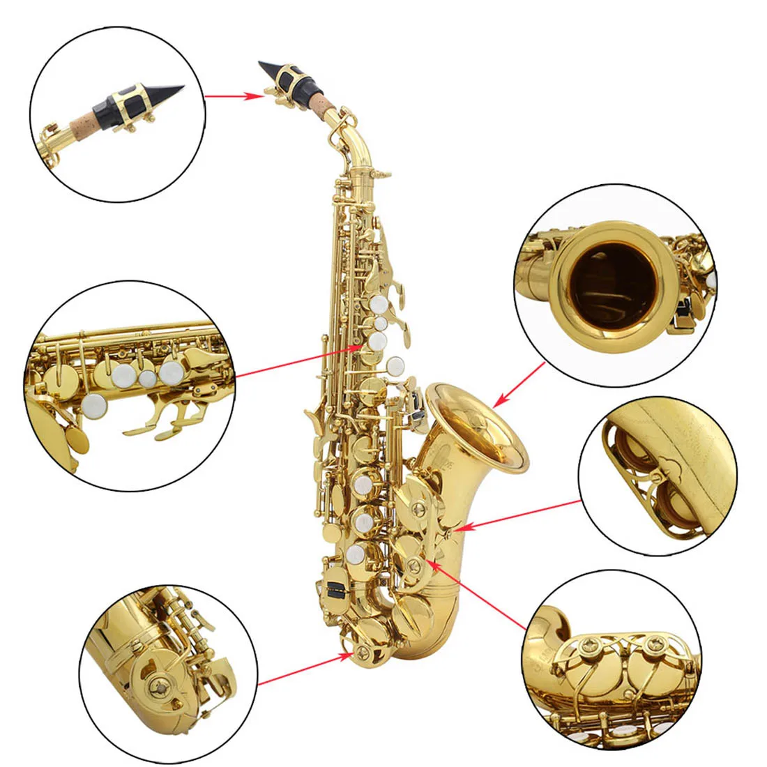 SLADE Gold Soprano Saxophone Student B Flat Gold Paint Beginner Saxophone Set with Cleaning Cloth Suitcase Mouthpiece Reeds Part