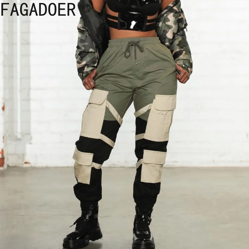 FAGADOER Casual Color Splicing Pocket Cargo Pants Women Drawstring Skinny Jogger Pants Spring New Female Sporty Bottoms 2024 New