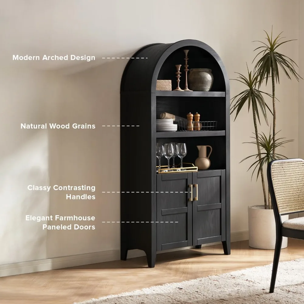 Lauren 65.4" Short Arched Cabinet, 5-Tier Arched Bookcase with Doors and Shelves, Mini Bookshelf with Storage