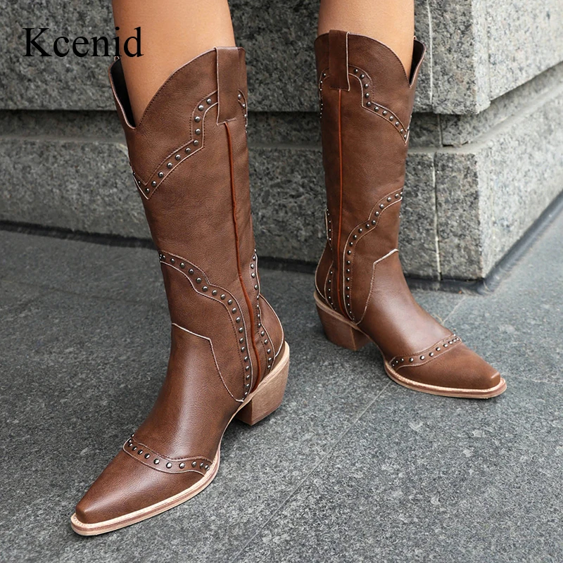 

Kcenid Autumn Winter Square Heel Mid Calf Boots Fashion Rivet Shoes Woman Pointed Toe Ankle Boots For Women Concise Party Shoes