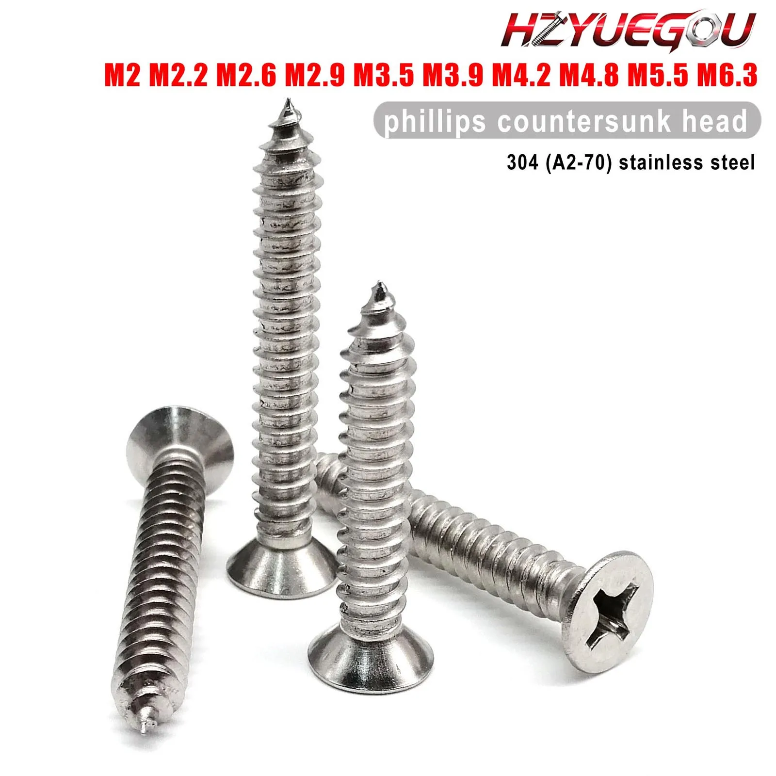 HZYUEGOU M2 M2.2 M2.6 M2.9 M3.5 M3.9 M4.8 M5.5 M6.3 Kreuzschlitz-Senkkopf-Holzschraube aus 304 Edelstahl