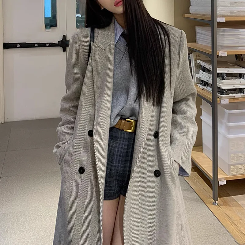

Autumn and Winter Jacket Women's Fall Winter Long Loose Korean Wear Hepburn Style High-end Gray Woolen Suit Coat Women