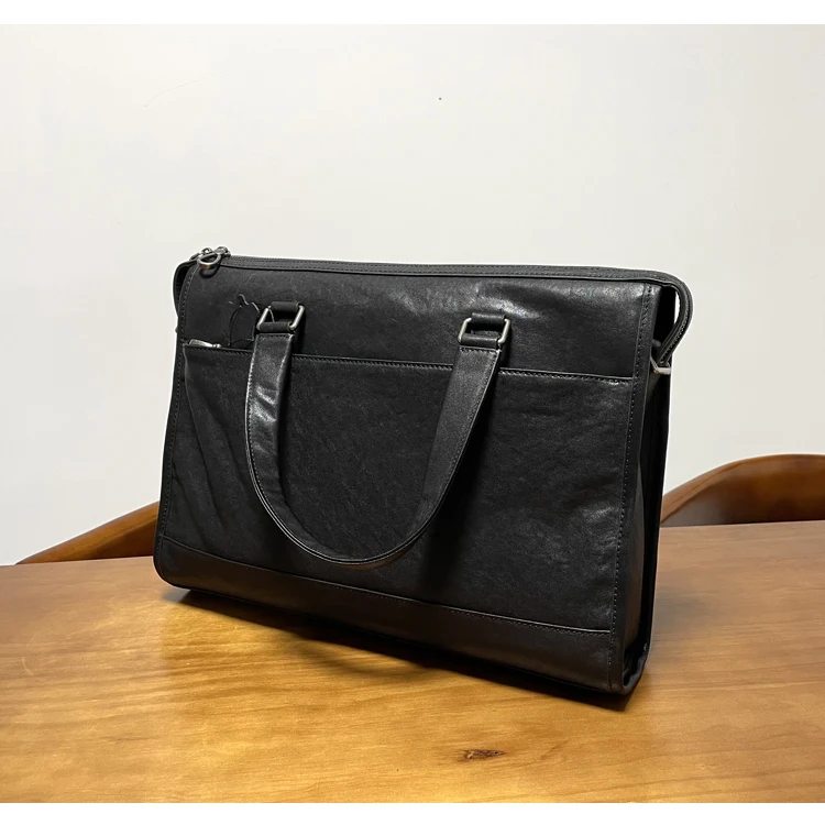 Lässige, luxuriöse, pflanzlich gegerbte Rindsleder-Herren-Aktentasche, schwarze Aktentasche, Outdoor-Reisen, Arbeit, handgefertigte Handtasche aus echtem Leder, Umhängetasche – Detail 8