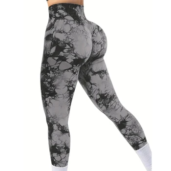 Pantaloni da yoga fitness elasticizzati a vita alta con culo color pesca senza cuciture tie-dye da donna