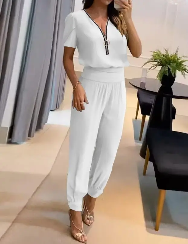 Women Puff Sleeve Zipper V-Neck Top & High Waist Cuffed Pants Set Spring Summer 2023 Solid Color Pants Set Woman Tracksuit