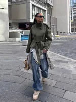 Manteau trench court croisé ceinturé pour femme, col montant, manches longues, décontracté, nouvelle collection, vêtement d'extérieur pour femmes 3