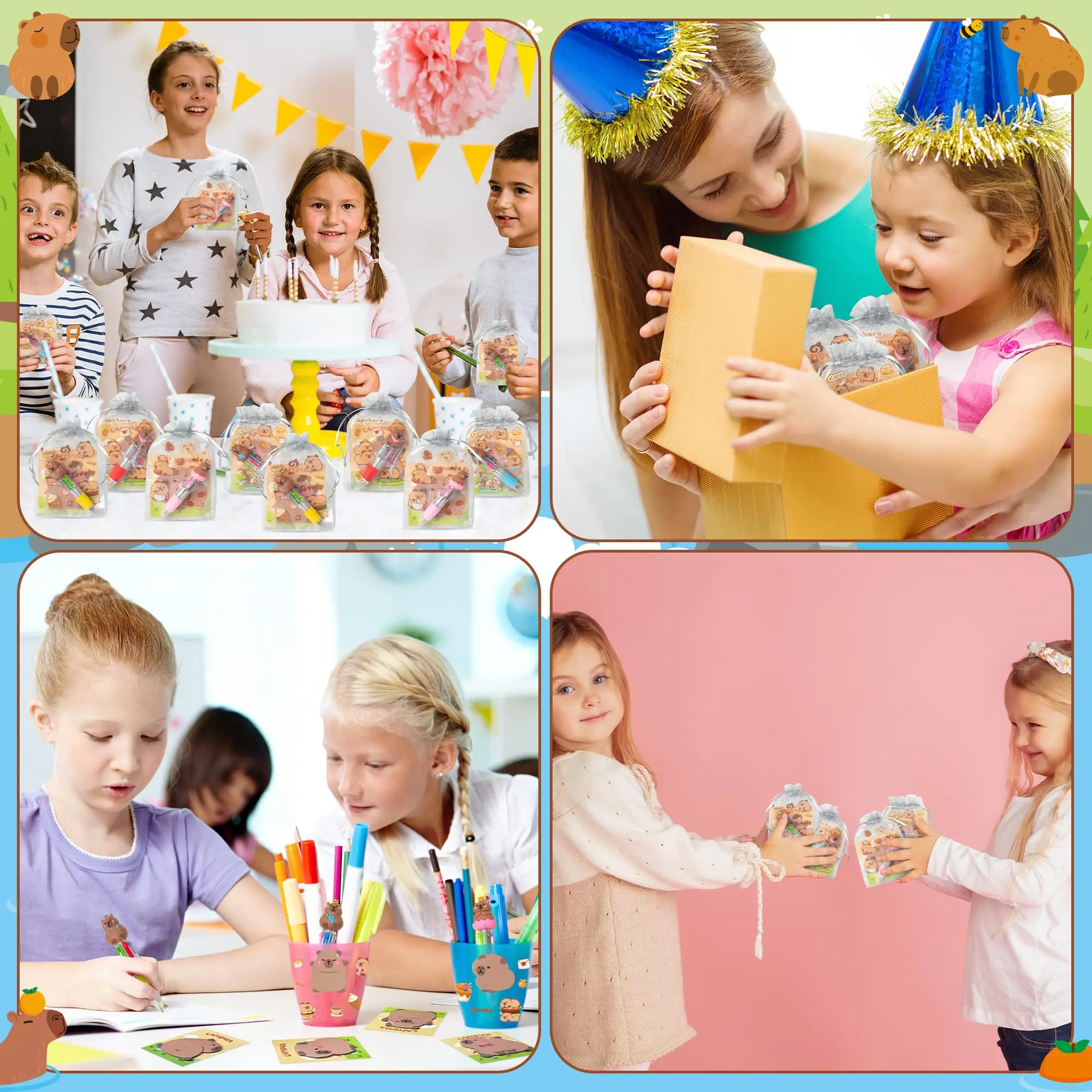 12-48Set Capybara Stationery Party Gift Fun Animal Prizes Set Include 4-in-1 Ballpoint Pens Sticky Note Sticker and Organza Bir