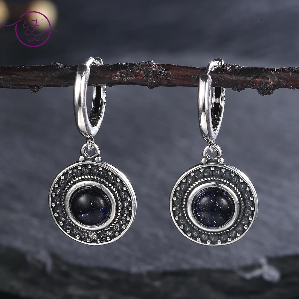 

Natural Round Blue Sandstone Moonstone Silver Earrings Vintage Jewelry Anniversary Gift for Women Wedding Party Accessories