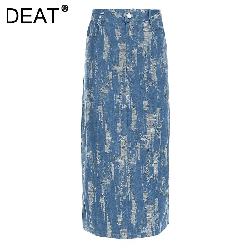 

DEAT Fashion Women's Denim Skirt High Waist Texture Sensation Wear Through Back Slit Mid-calf Skirts Summer 2024 New 1DH4505