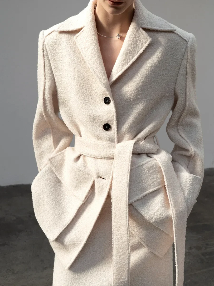 

Women Woolen Coat Notched Lace Up Waist Long Sleeve Single Breasted Vintage Jacket with Pockets