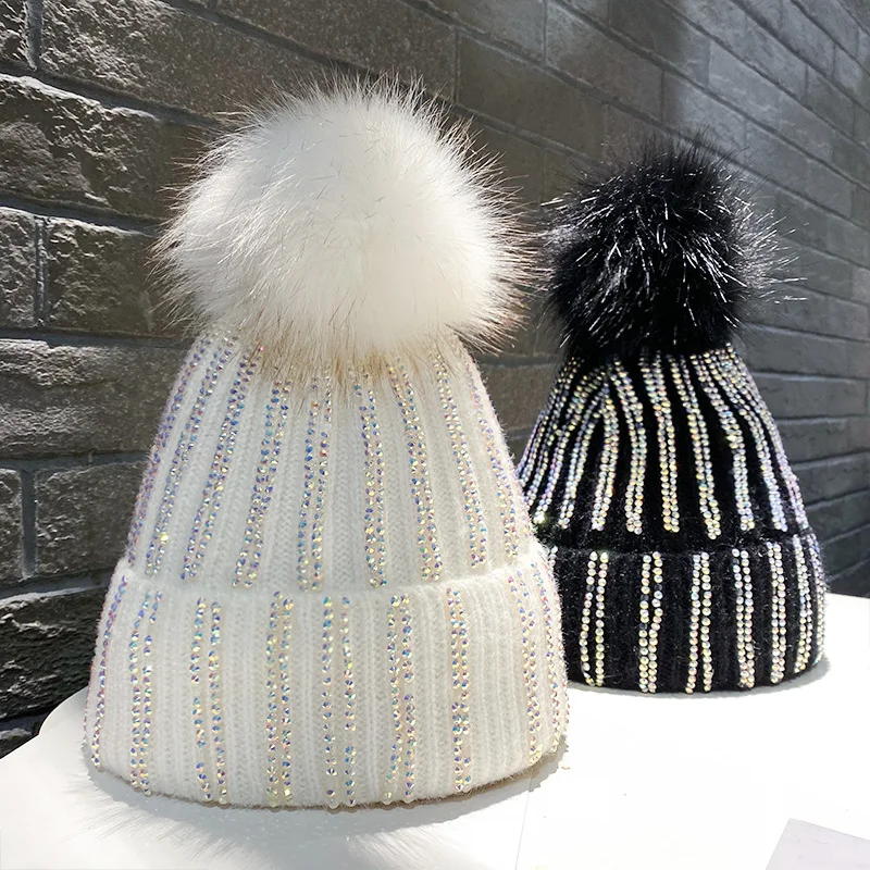 Mao Qiu Shui Diamond Striped Knitted Hat Plush Autumn Winter Woolen Hat Korean Outdoor Headband