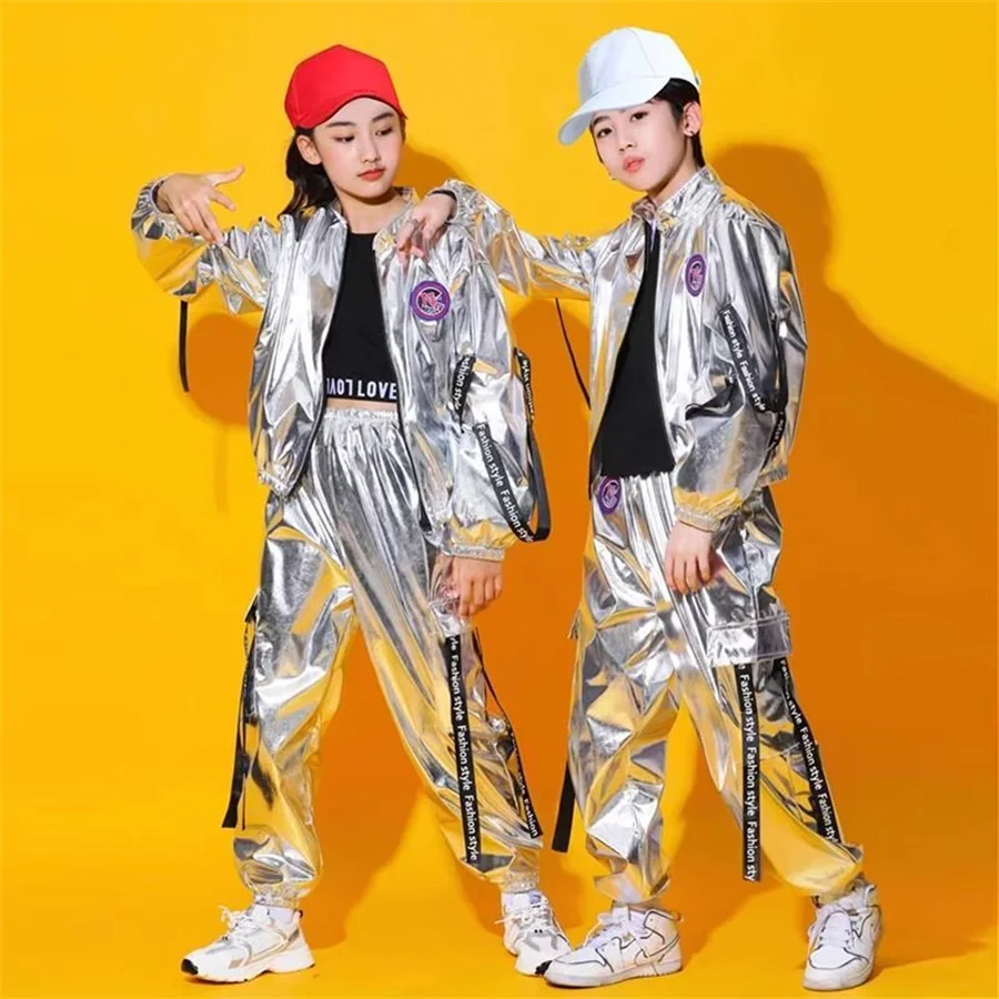 Hip Hop Boys Silver Jacket Girls Jazz Jogger Pants Street