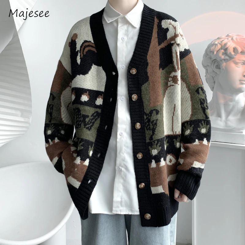 

Mens Cardigans High Street Trendy Handsome Korean Style Print V-neck Youthful Spring Autumn All-match Knitting Teens Hipster