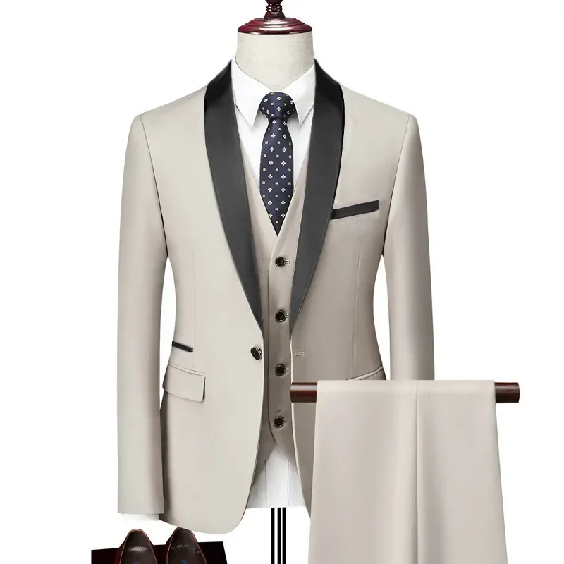 Men's Lapel Collar 3 Piece Suit Set Coat Vest Trousers / Business Groomsmen Groom Wedding Dress Blazer Jacket Pants Waistcoat