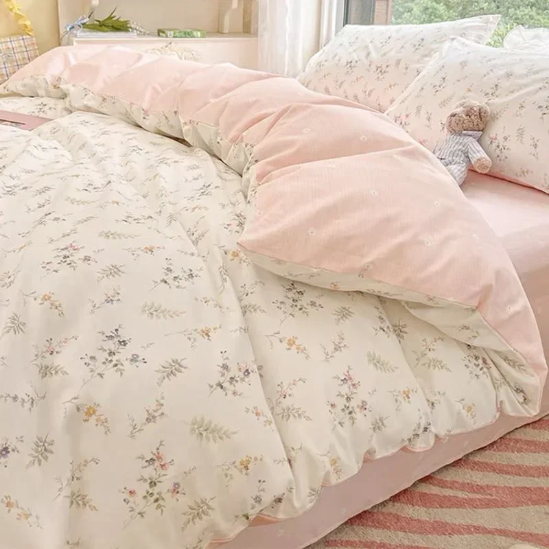 

Ins Pink Flowers Bedding Set Flat Bed Sheet Duvet Cover Twin Full Queen Nordic Bed Linen Boys Girls Floral Cartoon Bedding Sets