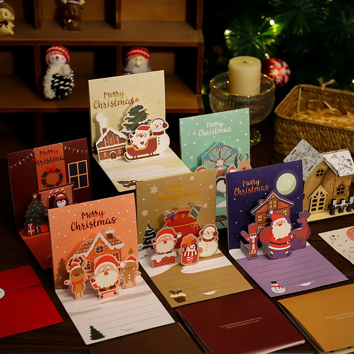 3D Christmas Stereo Greeting Cards Thanksgiving Holiday Blessings DIY Christmas Eve Blank Cards Envelopes 1/2/4 Pack