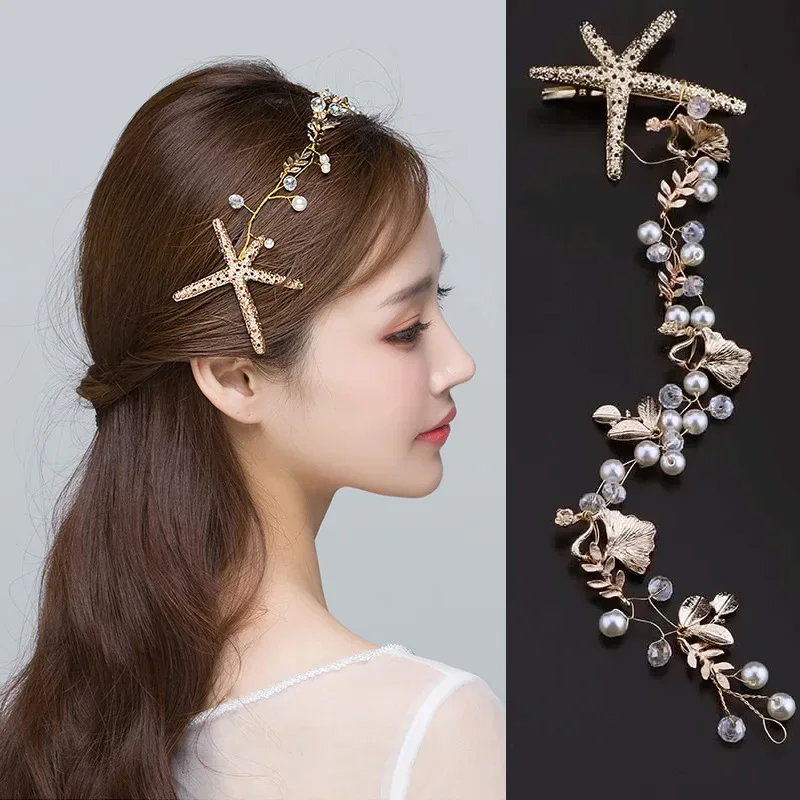 Elegant Starfish Star Hairpins The Bridal Hair Accessories Handmade Headband Bride Handmade Tiaras Soft Pearl Hair Jewelry