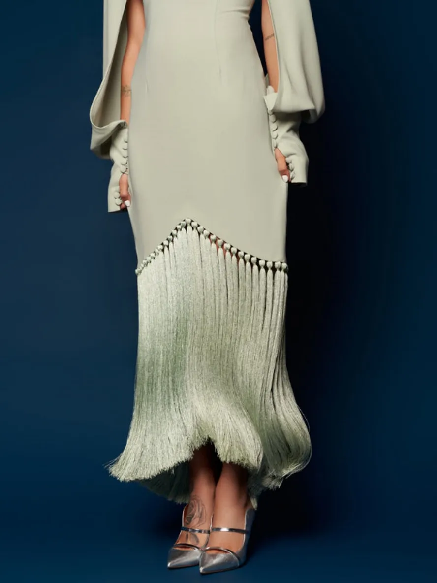 Женское вечернее платье-русалка, с длинным рукавом и кисточками
