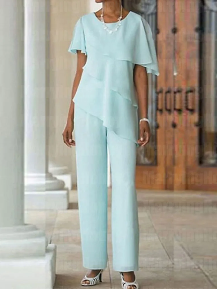 

Elegant Chiffon Mother of the Bride Pant Suits Crewneck Short Sleeves Plus Size Formal Evening Dress for Wedding Party