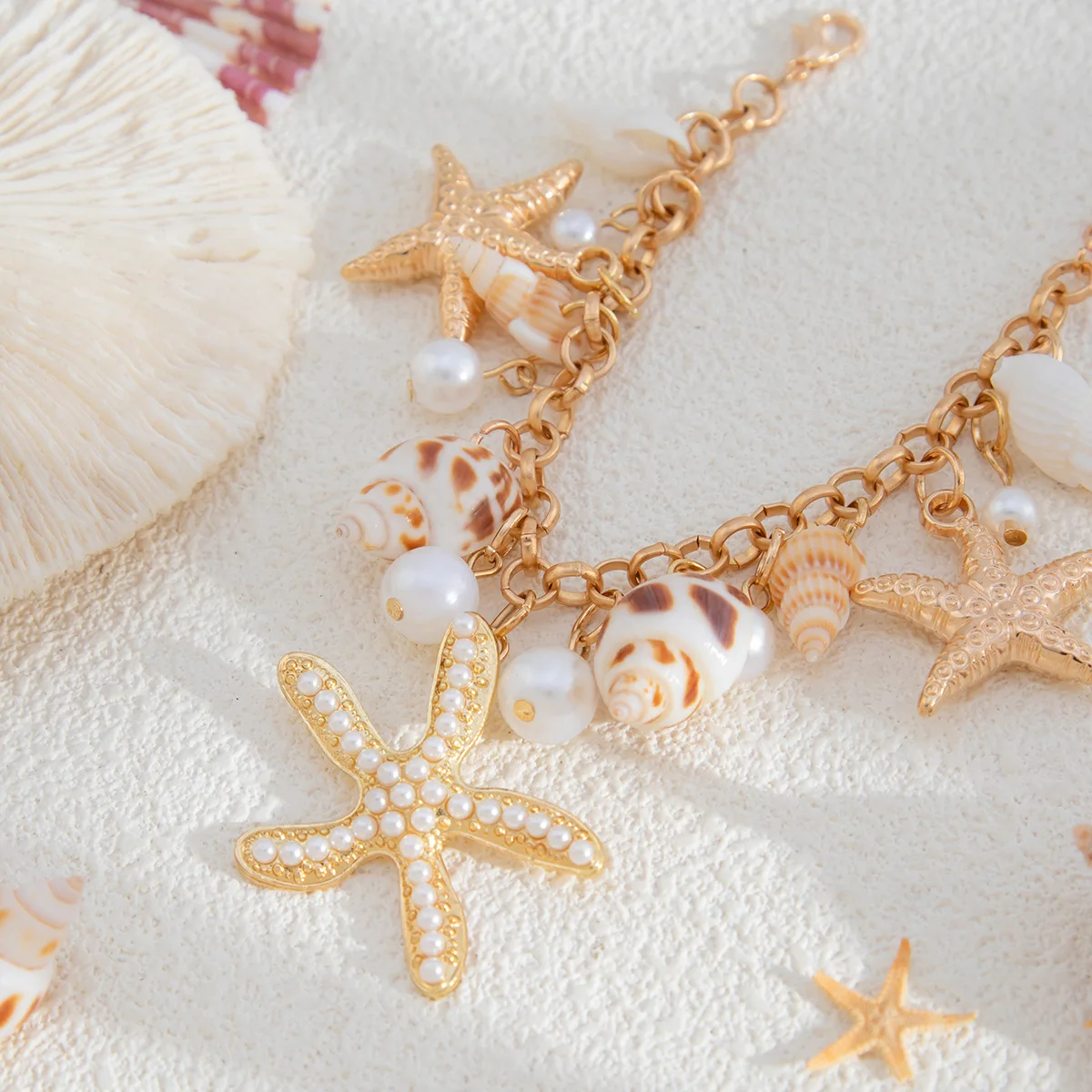 Summer Beach Ocean Starfish Shell Pendant Handmade Metal Chain Bracelet Imitation Pearl Conch Sea Star Bracelets Boho Jewelry