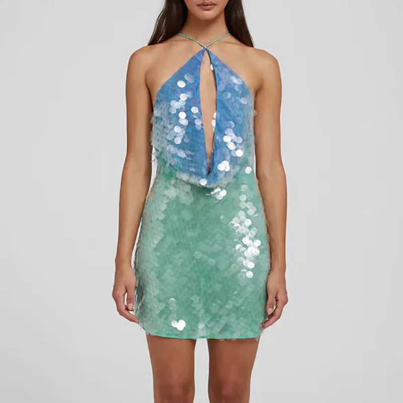 AEL Lady Summer short dress Gorgeous heavy sequin sleeveless halter waist party dress